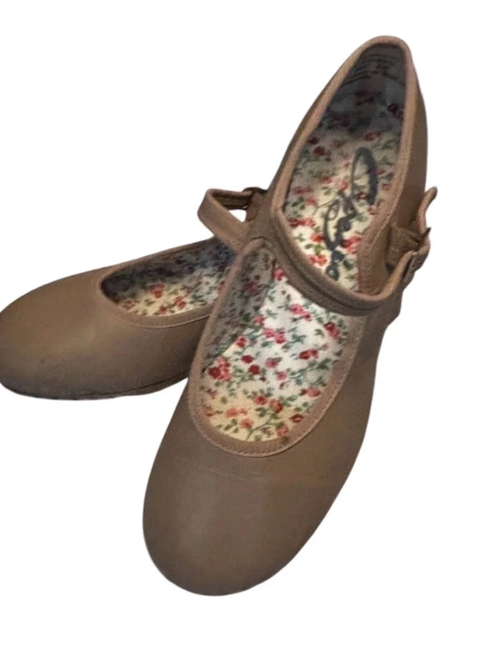 Capezio Girls' Tan Mary Jane Tap Flats with Floral Insole Dance